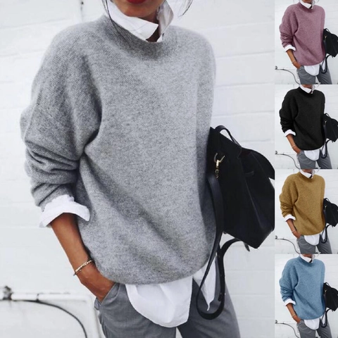 Women Autumn Winter Knit Pullover Sweatshirt Loose Round Neck Long Sleeve Casual Top Solid Color Layered Style Outerwear