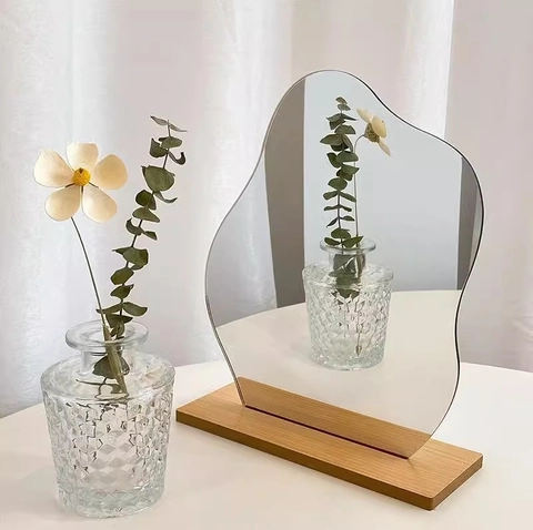 Irregular Acrylic Makeup Mirror With Wooden Base Desktop Decorative Vanity Mirror Aesthetic Ins Style For Photography Props Home Bedroom Office Decor