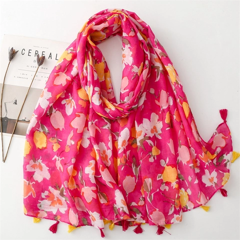 Dames Sjaal Met Bloemenprint Polyester Voile Katoengevoel Kwastjes Zonbescherming Reis Vakantie Boheems Viooltjespatroon