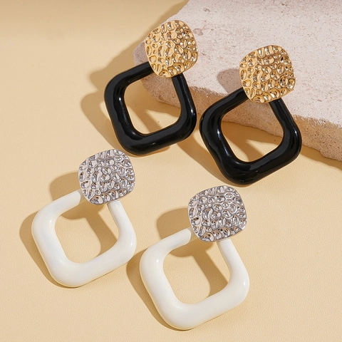 Geometric Square Earrings With 925 Sterling Silver Earring Post Alloy Resin Hammered Texture Fashion For Women
