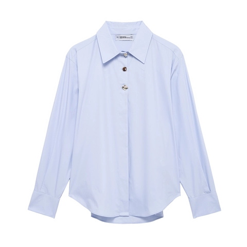 Dames Casual Blouse Met Lange Mouwen Losse Pasvorm Polyester Overhemd Met Decoratieve Knoppen Voor Kantoor Modieus Lichtblauw