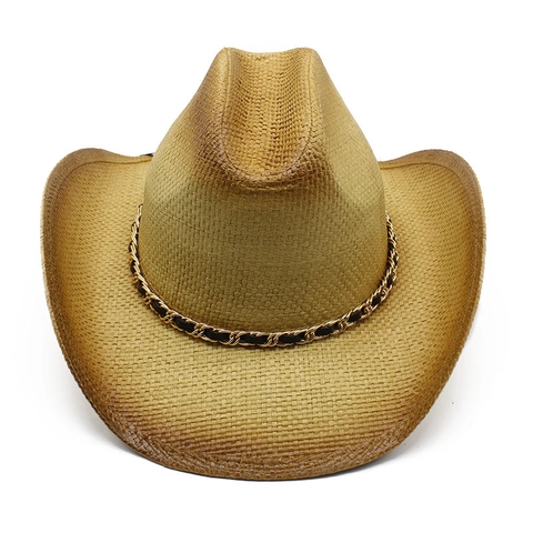 Women Western Cowboy Straw Hat Wide Brim Sun Protection Paper Straw Hat With Metal Chain Gradient Color Vintage