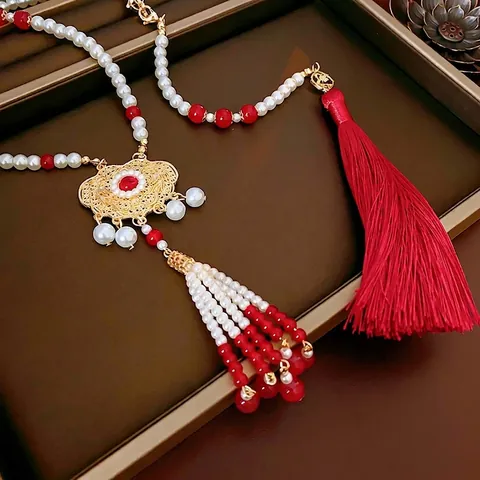 Collana Lunga Stile Cinese Phoenix Peace Lock Con Lega Perla Artificial Imitazione Vetro Rosso E Nappina In Raso Per Donne