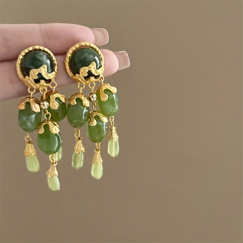 Boucles D'oreilles Pendantes À Pampilles En Pierre Verte Vintage Avec Tige En Argent Bijoux Style Palais Pour Femmes