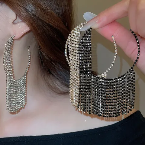 Pendientes De Aro Con Flecos De Tamaño Grande Con Diamantes De Imitación Base De Cobre Y Poste De Plata Joyería Para Mujeres