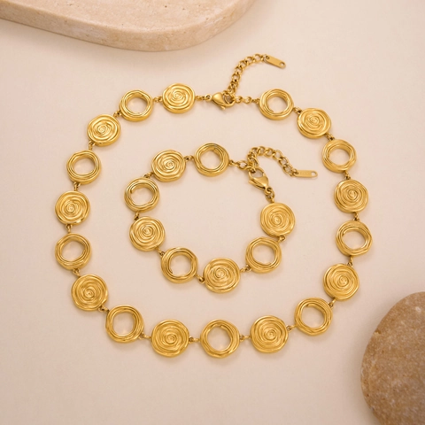 Collana e Bracciale a Catena a Cerchio a Spirale in Acciaio Inossidabile Placcato Oro 18K per Donna Gioielli alla Moda