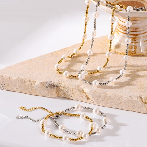 Collar Y Pulsera De Perlas Artificiales Acero Inoxidable Chapado En Oro De 18K Joyas Minimalistas Elegantes Para Mujeres