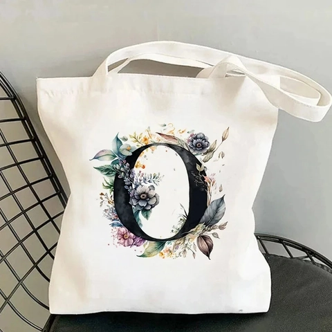 Canvas Tote Bag Floral Initial Letter Alphabet Shoulder Shopping Handbag Aesthetic Eco Friendly Cotton Reusable For Students