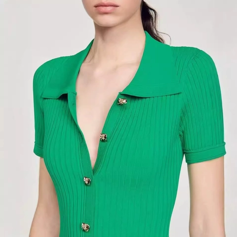 French Elegant Knit Maxi Dress Short Sleeve Polo Collar Gold Button Ribbed Pleated High Waist Slim Fit Retro For Women