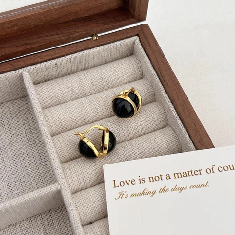 Orecchini A Cerchio In Agata Nera Argento Sterling 925 Minimalismo Tondo Geometrico Stile Retrò Francese Gioielli Per Donna