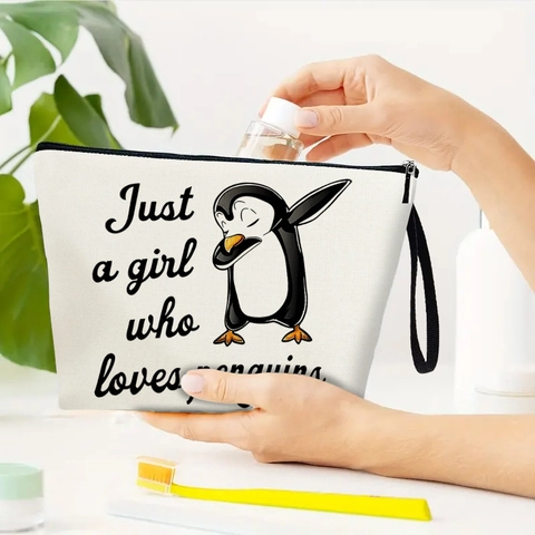 Borsa Cosmetica Con Stampa Di Pinguino In Lino Fine Pochette Trucco Viaggio Organizer Con Cerniera Per Donne Ragazze Regalo