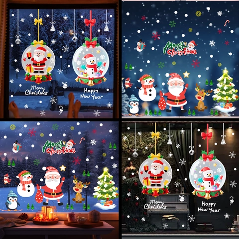 Autocollants De Fenêtre De Noël PVC Décalcomanies Statiques Père Noël Bonhomme De Neige Flocon De Neige Décoration Festive