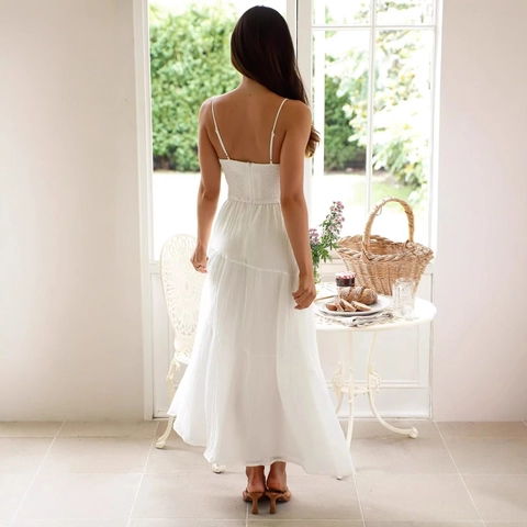 Damen Spaghetti-Träger Maxikleid Polyester Gestufter Rock Hollow Out Bindeband Vorne Böhmischer Sommerurlaub Elegant