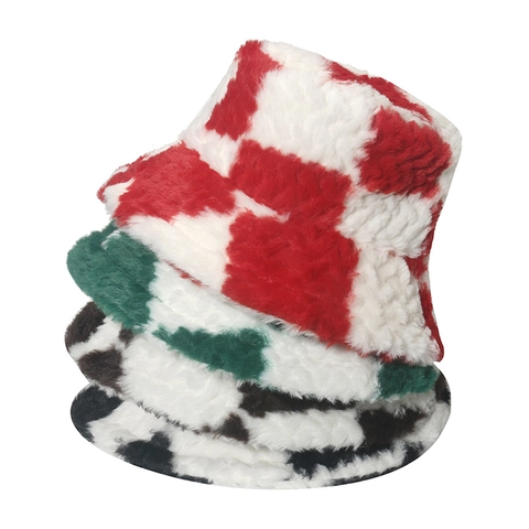 Checkered Bucket Hat Plush Faux Fur Warm Soft Winter Basin Hat For Women Girls Plaid Design