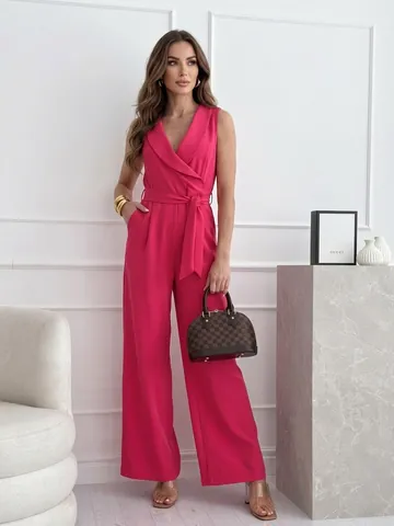 Sleeveless V-Neck Lapel Jumpsuit Polyester Elegant High Waist Tie Wide Leg Long Pants For Women