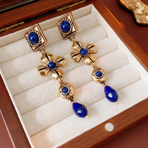 Orecchini Pendenti A Fiore Vintage Lega Oro Resina Blu Con Perno In Argento Retro Francese Da Donna