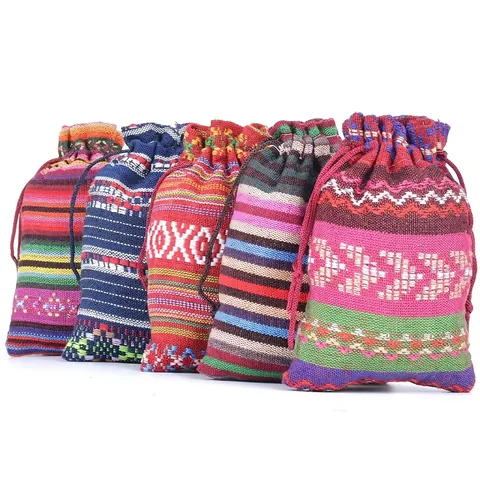 Ethnic Style Drawstring Pouch Cotton Knitted Colorful Tribal Stripe Geometric Pattern Jewelry Gift Packing Bohemian Bag