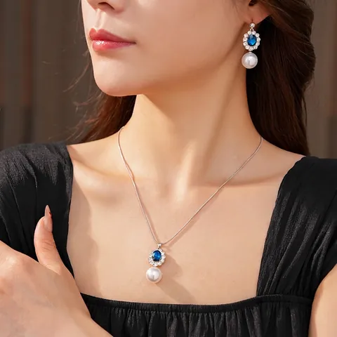 Vintage Palace Style Jewelry Set For Women With Oval Blue Gemstone Rhinestone And Round White Imitation Artificial Pearl Pendant