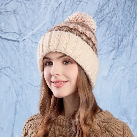 Winter Knitted Beanie Hat With Pom Pom Acrylic Thick Warm Geometric Pattern For Outdoor Autumn