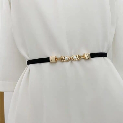 Women's Fashion Elastic Thin Belt With Elegant Faux Artificial Pearl Alloy Buckle For Dress Shirt Decorative Waist Belt Accessories