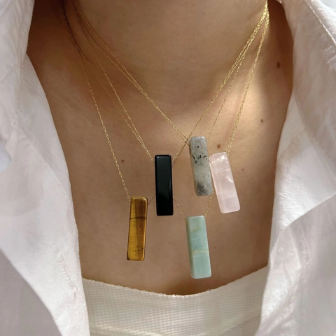 Stainless Steel Rectangle Natural Stone Pendant Necklace For Women Minimalist Gold Chain Rose Quartz Tiger Eye Jewelry