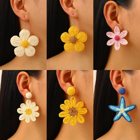 Handmade Woven Raffia Flower Starfish Earrings Bohemian Beach Vacation Style Jewelry For Women Colorful Accessory