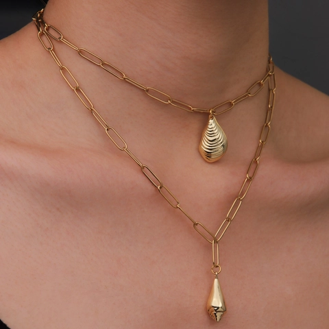 Western Fashion Copper Zirconia Layered Necklace For Women Gold Paperclip Chain Shell Conch Pendant Necklace Ocean Style Jewelry