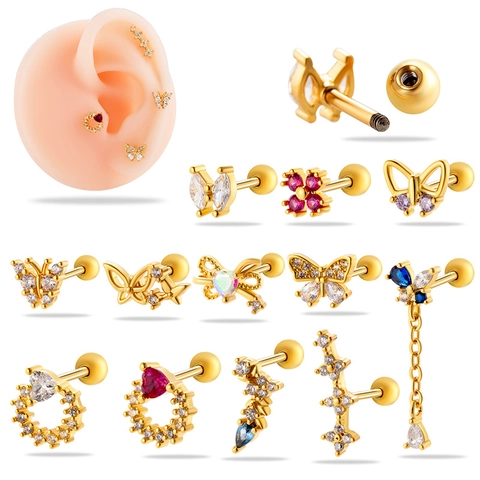 Pendiente De Cartílago De Acero Inoxidable Circón Mariposa Corazón Joyería De Piercing Para Mujer