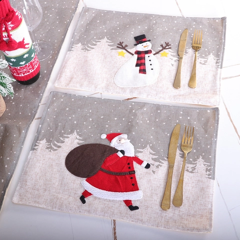 Christmas Table Placemats Linen Style Fabric Santa Claus Snowman Motif Heat Resistant Holiday Party Dining Decor