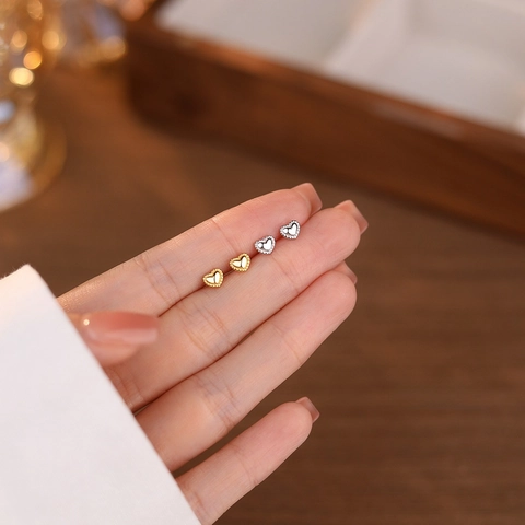 Elegant S999 Pure Silver Heart Stud Earrings For Women Minimalist Beaded Edge Heart Shaped Jewelry Gold Silver Accessories