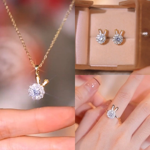 Rotierender Hase Halskette Ring Ohrringe Kupferlegierung Mit 925 Sterling Silber Ohrstecker Zirkonia Funkelnd Tier