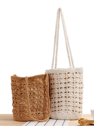 Handgemachte Gewebte Baumwollseiltasche Mit Kordelzug-Innenfutter Für Damen Strandurlaub Lässige Eimer-Schultertasche
