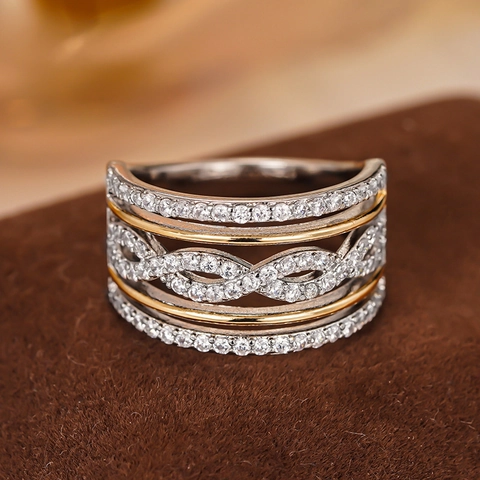 Elegant Wide Multi Layer Ring Two Tone Copper Micro Pave Zircon Infinity Hollow Design Jewelry For Women Luxury Style