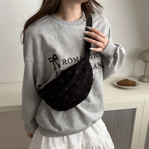 Sac Banane En Velours Côtelé À Motif Fraise Pour Femmes Sac De Poitrine Bandoulière Mignon Style Japonais Sangle Réglable