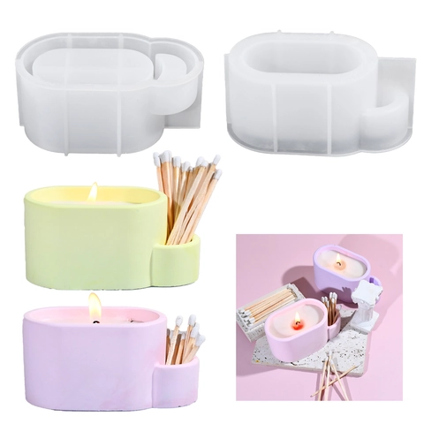 Molde De Silicona Ovalado Con Soporte Para Cerillas Para Resina Yeso Frasco De Vela Y Caja De Almacenamiento