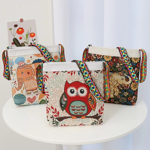 Women Ethnic Embroidery Canvas Crossbody Bag Cartoon Animal Elephant Owl Wide Strap Retro Casual Shoulder Purse