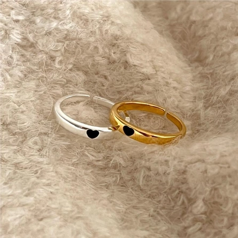 Minimalist Geometric 925 Sterling Silver Ring With Black Heart Adjustable Finger Jewelry Gift For Women Girls