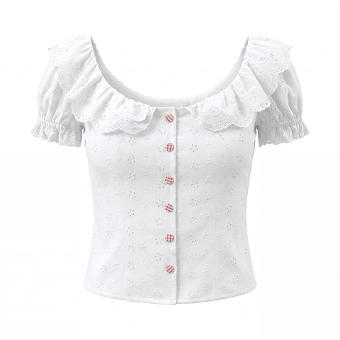 White Blouse Top Eyelet Embroidery Ruffle Collar Puff Sleeve Checkered Buttons French Vintage Slim Fit Short Sleeve