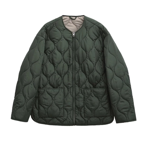 Chaqueta Acolchada Para Mujer Cuello Redondo Abrigo Ligero Con Bolsillos Color Sólido Cortavientos Casual Ropa Exterior