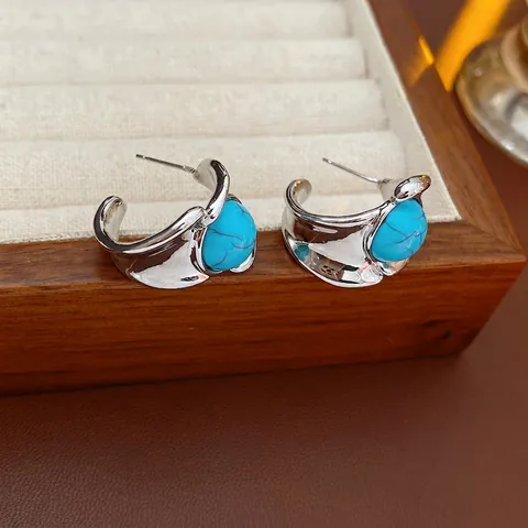 Pendientes De Aro En Forma De C De Aleación Retro Con Piedra Turquesa Y Poste De Plata - Joyas Geométricas Vintage