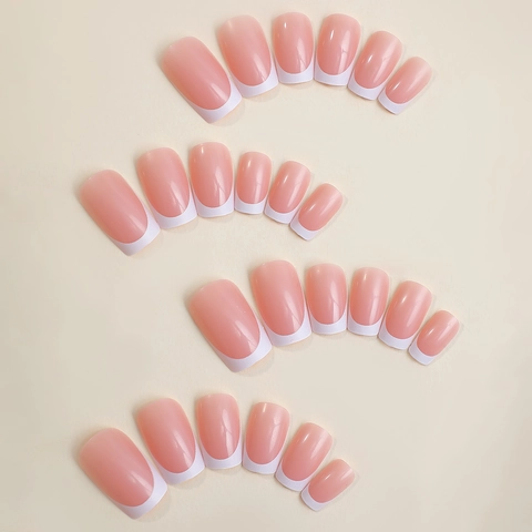 French Press On Nails Long Square Nude Pink And White Tips Plastic Removable Full Cover Fake Nails For Women