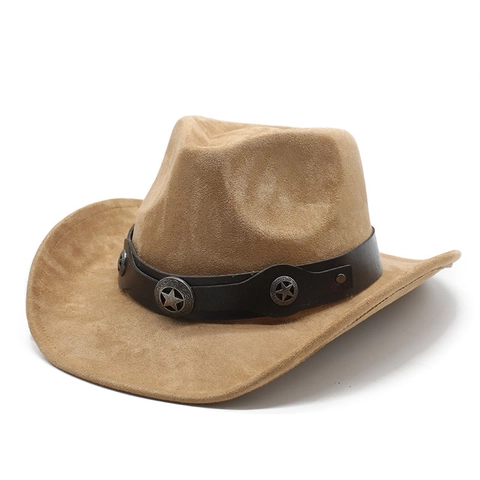 Western Cowboy Hat Vintage Suede Wide Brim Fedora With Faux Leather Star Rivet Belt For Outdoor Sun Protection Women Men
