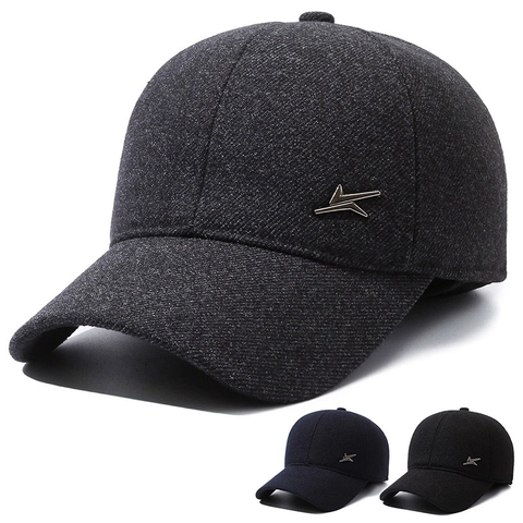 Baseball Cap Peaked Hat Woolen Warm Windproof With Ear Flaps For Men Adjustable Outdoor Casual Solid Color Metallic Logo