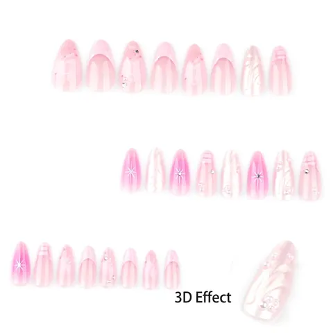 Uñas Postizas Almendra Onduladas 3D Degradado Rosa Perla Artificial Diamante Imitación Patrón Estrella Manicura Elegante Para Mujeres
