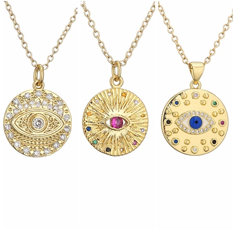 Evil Eye Anhänger Halskette Gold Plattiert Kupfer Geometrische Rund Scheibe Zirkonia Mode Schmuck Für Damen