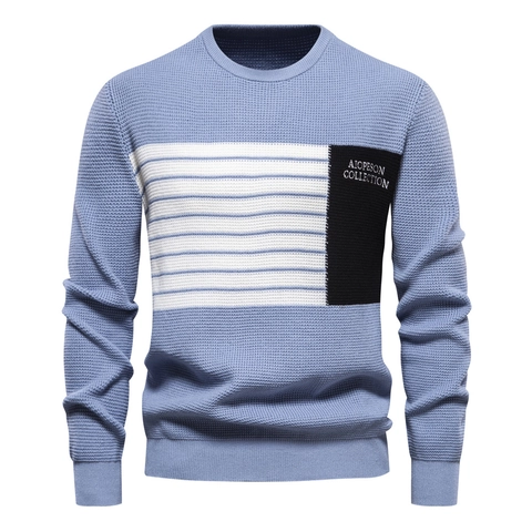 Maglione Da Uomo In Maglia A Nido D'ape A Maniche Lunghe Patchwork A Righe Girocollo Top Casual
