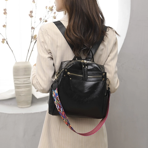 Sac À Dos Femme Mode Cuir PU Grande Capacité Sac De Voyage Avec Bandoulière Tissée Colorée Style Vintage