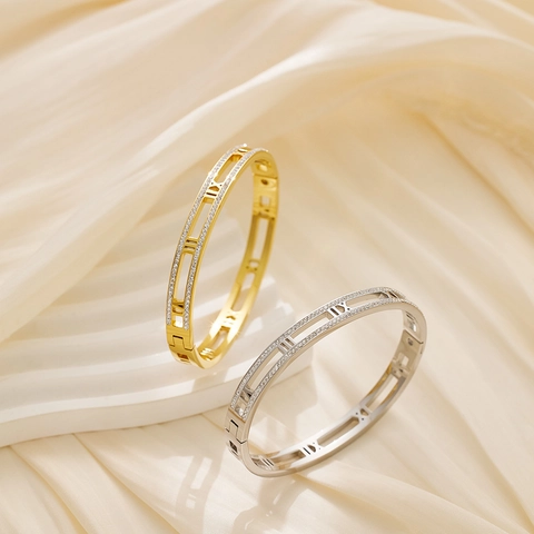 Roman Numeral Hollow Bangle Stainless Steel Double Row Cubic Zirconia Bracelet Luxury Vintage Jewelry For Women Men
