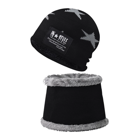 Winter Knitted Beanie Hat And Neck Warmer Fleece Lined Star Jacquard Thermal Windproof Cold Weather Outdoor Accessories
