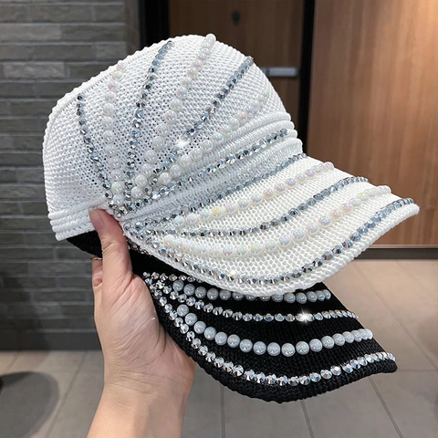 Visera De Punto Para Mujer Con Pedrería Y Perlas Artificiales Protección Solar Verano Transpirable Elegante Gorra Vacía